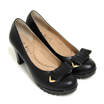 ◤Green Phoenix◥典雅曼妙立體法式蝴蝶結金屬邊條全真皮高跟鞋22黑色