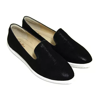 ◤Green Phoenix◥韓流王朝金屬緞面光澤感全真皮尖頭平底福樂鞋22.5黑色