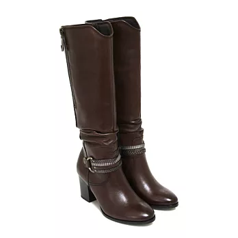 ◤Green Phoenix◥復刻定番金屬感繞踝皮繩抓皺洗舊拉鍊臘感牛皮細絨毛粗高跟長靴35咖啡色