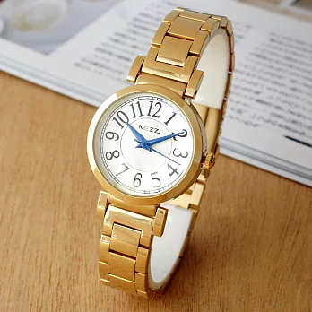 KEZZI珂紫 KW-1129知性氣質大數字錶盤金屬錶帶手錶-金色