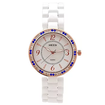 KEZZI珂紫 K-815奢華圈鑽珍珠母貝錶面陶瓷錶-情調藍