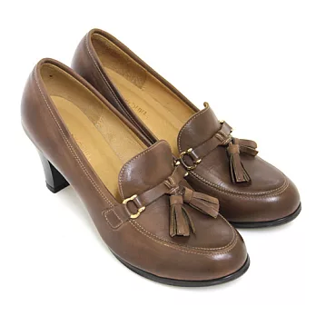 ◤Green Phoenix◥迷戀珍藏垂墜流蘇一字金屬皮扣手染臘感牛皮粗高跟樂福鞋35.5卡其色