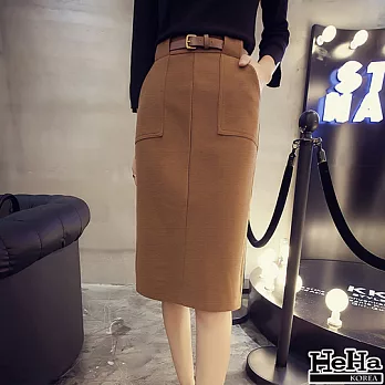 窄裙 高腰包臀呢料半身裙(贈腰帶) 二色-HeHa-L(卡其)