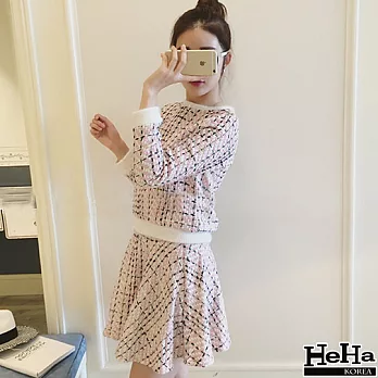 套裝 毛呢編織圓領上衣+A字短裙套裝 二色-HeHa-S(粉色)