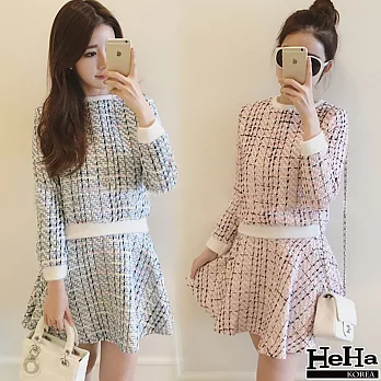 套裝 毛呢編織圓領上衣+A字短裙套裝 二色-HeHa-M(藍色)
