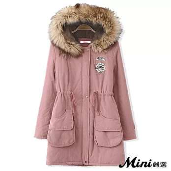 外套 加厚加絨長版連帽軍章鋪棉外套 五色-Mini嚴選-L(暗粉)