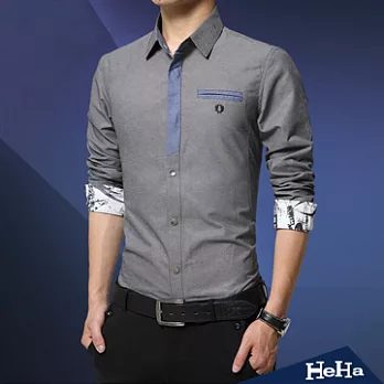 襯衫 雙色拼接印花仿牛仔長袖襯衫 三色-HeHaM(中灰)