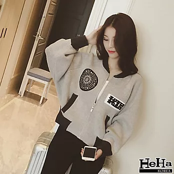 夾克 拼色徽章針織拉鍊短版外套 二色-HeHa-FREE(淺灰)
