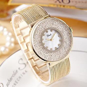 Bade芭蒂 BDL-669 璀璨滿天星水鑽圓框鏈條流蘇手鍊錶-金色