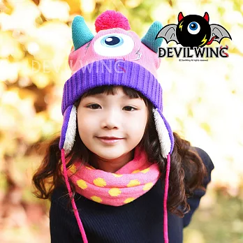 (帽子+圍脖兩件套)韓國DevilWing小惡魔男女童點點造型圍巾 粉紅色