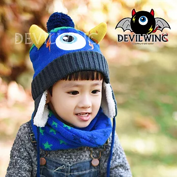 (帽子+圍脖兩件套)韓國DevilWing小惡魔男女童點點造型圍巾 藍色