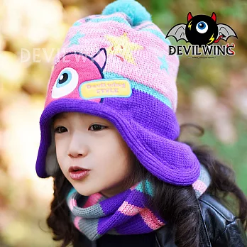 (帽子+圍脖兩件套)韓國DevilWing小惡魔男女童彩條造型圍巾粉紅色