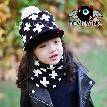 (帽子+圍脖兩件套)韓國DevilWing小惡魔男女童黑白造型圍巾 黑色