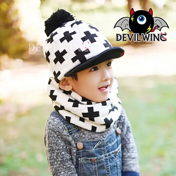 (帽子+圍脖兩件套)韓國DevilWing小惡魔男女童黑白造型圍巾 白色