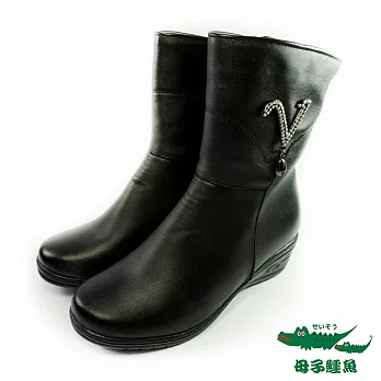 母子鱷魚(女)★ V字鑽高底短筒靴24貴氣黑