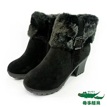 母子鱷魚(女)★ 毛絨踝筒粗跟短靴23絨黑