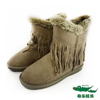 母子鱷魚(女)★ 側V毛裡流蘇短靴23灰熊棕