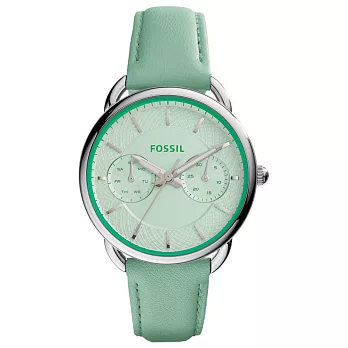 FOSSIL 精緻時尚日期腕錶-銀x粉綠色皮帶
