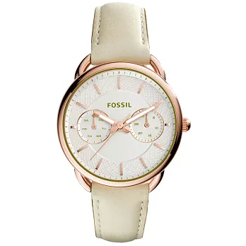 FOSSIL 精緻時尚日期腕錶-玫瑰金x米白色皮帶