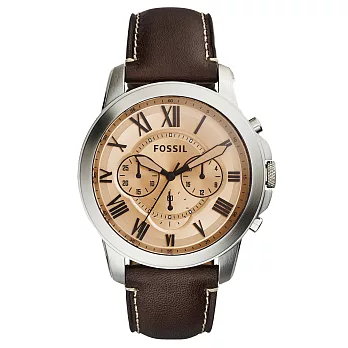 FOSSIL 古典伯爵三環計時腕錶-淺褐x銀框x咖啡色皮帶