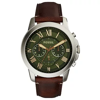 FOSSIL 古典伯爵三環計時腕錶-橄欖綠x銀框x咖啡色皮帶