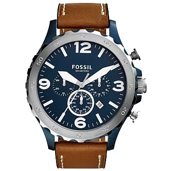 FOSSIL 重裝教士三眼運動計時腕錶-海藍x雙色框x咖啡色皮帶