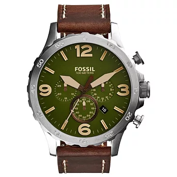 FOSSIL 重裝教士三眼運動計時腕錶-橄欖綠x銀框x咖啡色皮帶