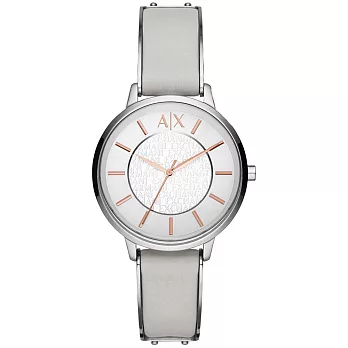 A│X Armani Exchange 輕聲愛語時尚皮帶腕錶-玫瑰金字x銀框灰