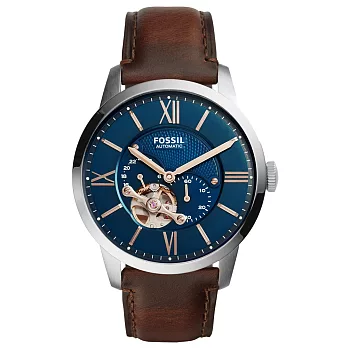 FOSSIL 日月傳承機械腕錶-銀框藍x咖啡色皮帶