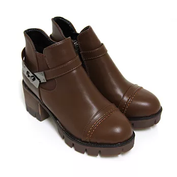 【Pretty】騎士風金屬扣飾側拉鍊厚底粗高跟短靴36棕色