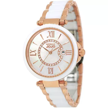 NATURALLY JOJO 新月女神晶鑽陶瓷腕錶-玫瑰金字x雙色錶帶