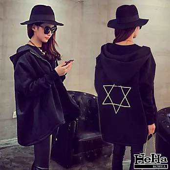 外套 六芒星加絨抽繩連帽外套 二色-HeHa-FREE(黑色)