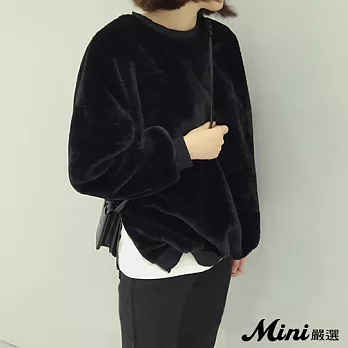 上衣 圓領寬鬆絨毛側拉鍊T恤 二色-Mini嚴選-FREE(黑色)
