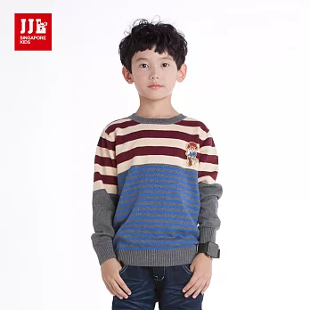 【JJLKIDS】休閒拼接條紋卡通圖案毛衣T恤(酒紅)105酒紅