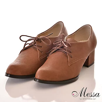 【Messa米莎】(MIT)氣質文青素面內真皮粗跟牛津高跟鞋36棕色