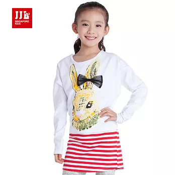 【JJLKIDS】童趣兔子印花條紋連身上衣T恤(白色)130白色