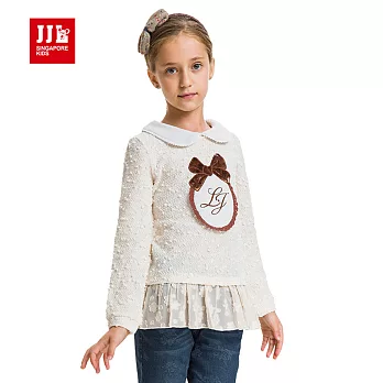 【JJLKIDS】夢幻蝴蝶結字母甜美蕾絲長袖上衣(米黃)150米黃