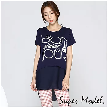 【名模衣櫃】下擺拼接雪紡短袖上衣(M-XXL適穿)FREE法文深藍