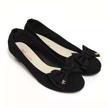 【Pretty】甜心女孩大朵蝴蝶結低粗跟娃娃鞋23黑毛