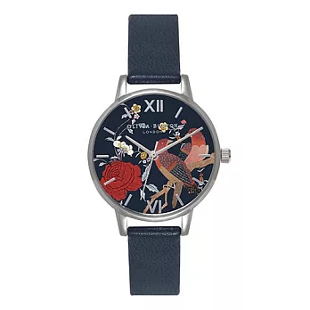 (預購)3/1~3/14 Olivia Burton 英倫復古手錶 浮世繪花鳥黑色真皮錶帶 銀色錶