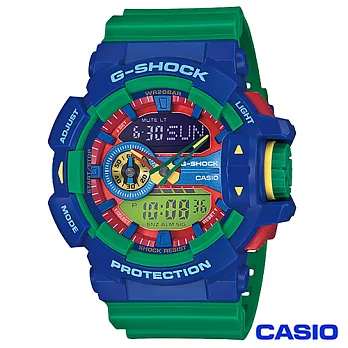 CASIO卡西歐 G-SHOCK街頭時尚多層次亮彩色系運動雙顯錶-藍x綠 GA-400-2A