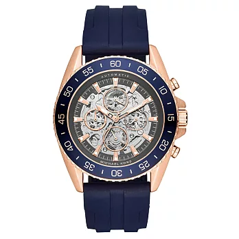 Michael Kors 星河悍將四環鏤空機械腕錶-玫瑰金框x深藍膠帶