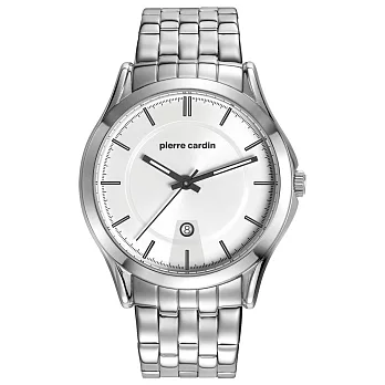 pierre cardin皮爾卡登 極度時尚日期腕錶-銀框白-鋼帶款