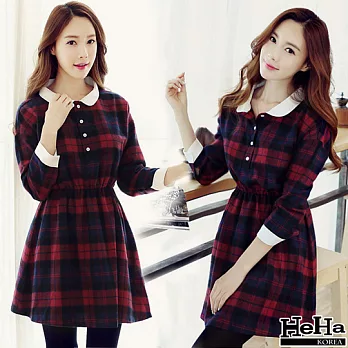 洋裝 娃娃領收腰磨毛格紋連身裙-HeHa-L*