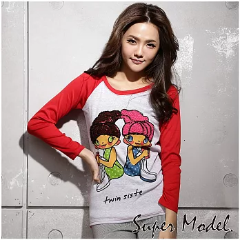 【名模衣櫃】韓風雙袖配色印花上衣(適穿M-XL)FREE紅色