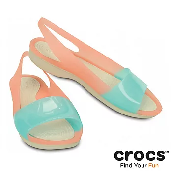Crocs - 女- 色彩布駱格亮透平底 -35西瓜紅/淺湖藍色