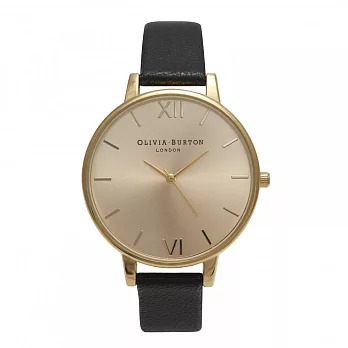 Olivia Burton London 英倫復古精品手錶 優雅大錶面 黑皮革錶帶 金色錶框 38mm
