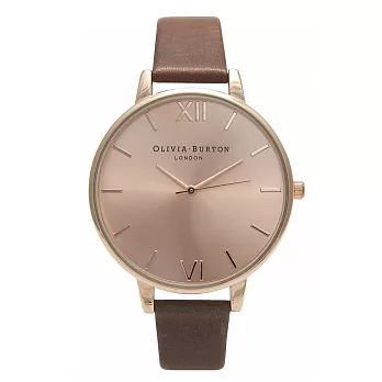 Olivia Burton London 英倫復古精品手錶 優雅大錶面 棕皮革錶帶 玫瑰金錶框 38mm