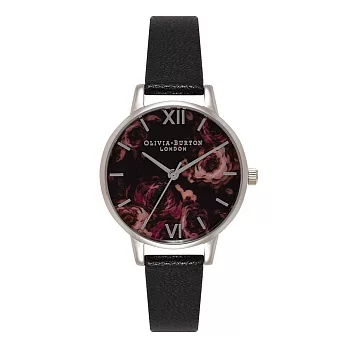 Olivia Burton 英倫復古手錶 水彩印花 黑色真皮錶帶 銀色錶框 30mm