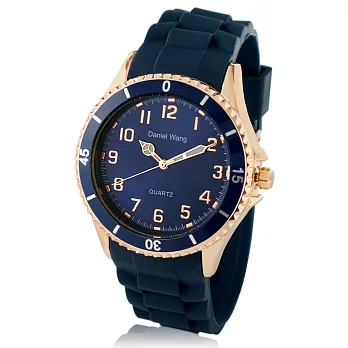 Daniel Wang 3150 炫光雙圈造型矽膠中性大型腕錶-藍帶玫框